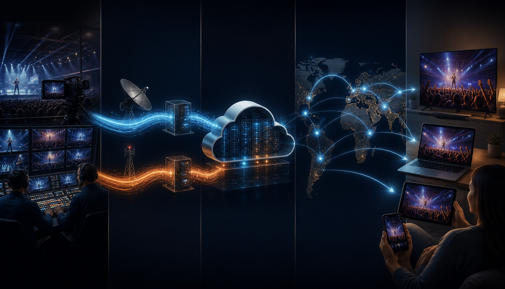 Illustration showing a live production feeding two redundant paths into cloud processing and global viewer devices